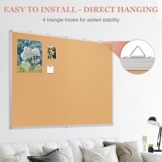 AMUSIGHT Double-Sided Large Cork Board, 60" x 36" Foldable Hanging Aluminum Framed Bulletin Board, Vision Board Pin Board Corkboards for Walls, Office, School Decor, 20 Pushpins