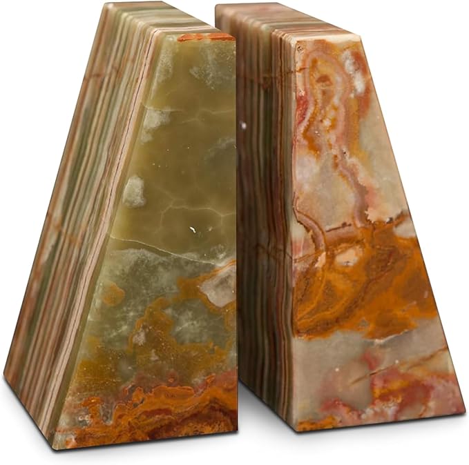 Ottimo Premium Polished Natural Marble bookends for use as Bookshelf Decor, Home, Office or Kitchen Shelves. Heavy, Triangular,and Modern Decorative Book Stopper with Anti-Slip Pads (Green Onyx)