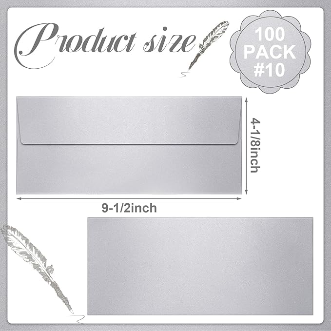 YooNotee 100 Count #10 Silver Metallic Business Envelopes, 80 lb, 4 1/8" x 9 1/2" Metallic Business Letter Size Envelopes, Peel & Press Square Flap, Printable for Professional Mailing and Office Use