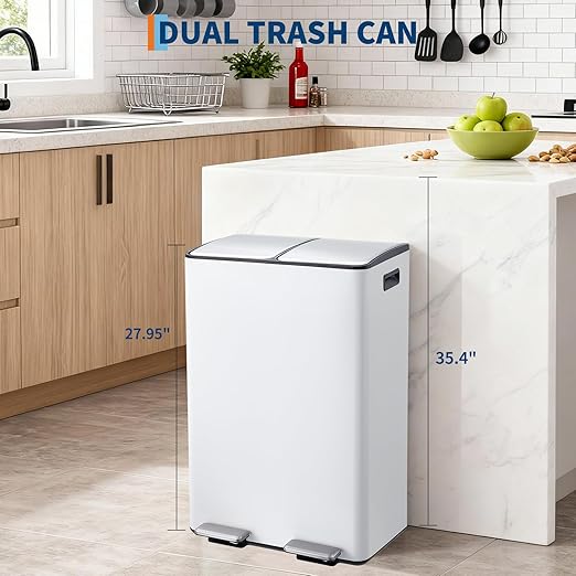 Garvee Dual Trash Can, 16 Gal (2 x 30 l) Stainless Steel Kitchen Garbage Can with Lid and Inner Bucket, Double Compartment Trash and Recycle Bin Combo with Step Pedal for Home Office, White