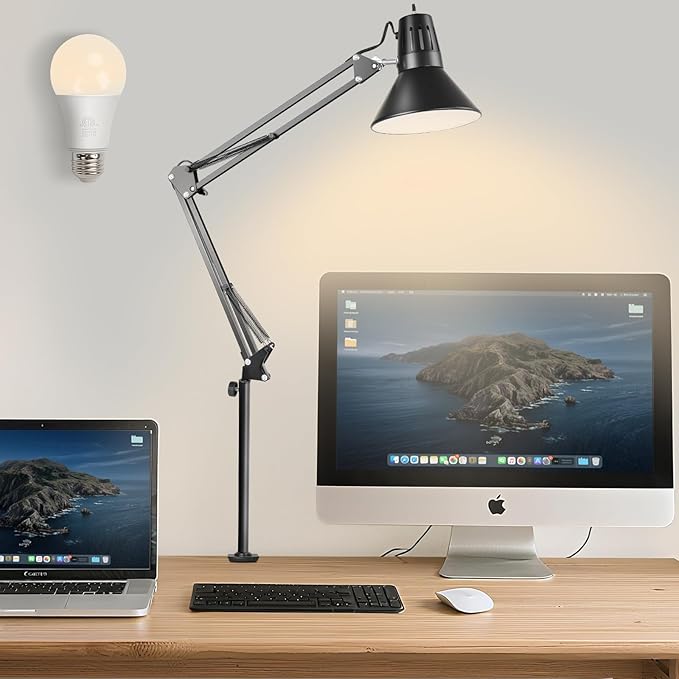 DXOVEEN LED Clamp on Desk Lamp,360°Adjustable Swing Arm Desk Lamp,Clamp Light with Eye-Caring LED Bulb for Home Office Reading Drafting