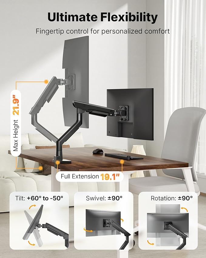 monTEK Sleek Aluminum Monitor Arm for 17–57” Ultrawide Screens up to 59.4 lbs, USB 3.0 A/C, Heavy Duty Single Monitor Arm Desk Mount, Pneumatic Lift, Quick-Release Plate, Clamp/Grommet, VESA 100x100