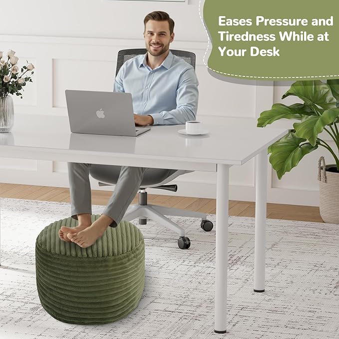 MeMoreCool Stuffed Round Pouf Ottoman Foot Rest, Soft Plush Floor Pouf Foot Stool, Corduray Footstool Footrest, Small Round Ottoman for Living Room Couch Sofa Chair, 20x15 Inch Green
