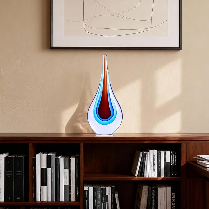9" Tall Sculpture Hand Blown Glass Decor, Paperweight for Office Desk, Modern Glass Art Figurines Mediterranean Beach House Decor, Living Room Coffee Shelves Table Top Decoration (Red Blue)