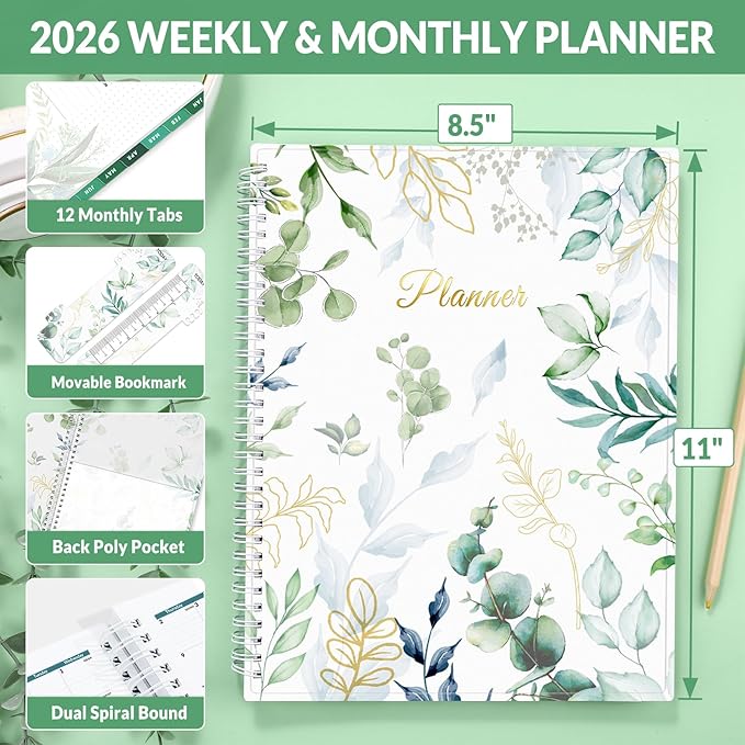 SUNEE 2026 Weekly and Monthly Planner - from January 2026 - December 2026, Daily Agenda Planner with Monthly Tab, Flexible Cover, Note Pages, Pockets, Bookmark, Spiral Binding, Eucalyptus, 8.5"x11"