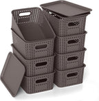 ZFTMRR Plastic Storage Basket with Lid, Stackable Small Box Bins for Organizing and Containers for Shelves Drawers Desktop Closet Playroom Pantry Classroom Office Home, 8 Pack 10.2x7.2x4.1 Inch, Brown