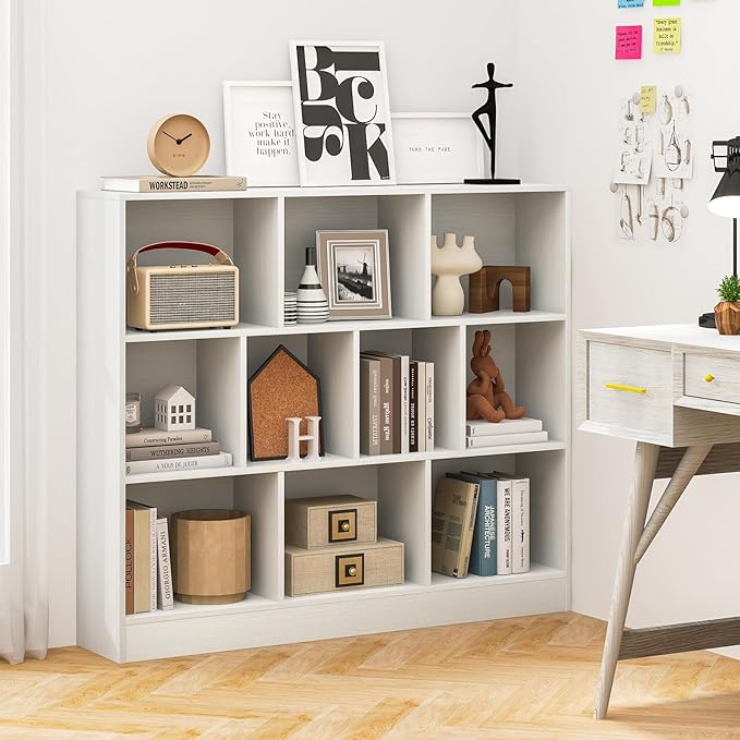 Tangkula 10-Cube Bookshelf, 47.5”L Floor Bookcase with 2 Anti-Tipping Kits, Freestanding Storage Organizer, 4-Tier Display Shelf for Home, Office & Dorms, Natural/White (White, 10-Cube)