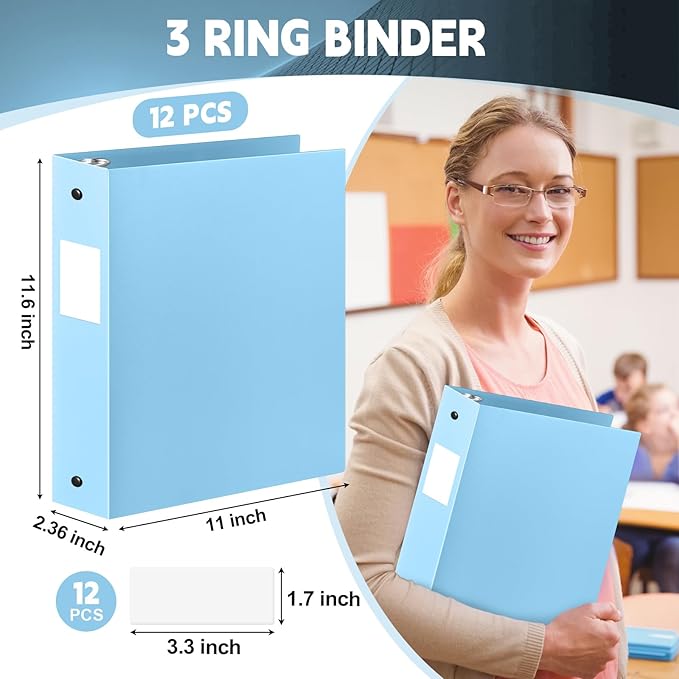 Henoyso 12 Pcs 3 Ring Binder 2 Inch Round Fits Letter Size 8.5'' x 11'' Paper Plastic Flexible Binder Bulk Holds 490 Sheets with 1 Pockets Versatile Organizer for Home Office School (Light Blue)