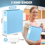 Henoyso 12 Pcs 3 Ring Binder 2 Inch Round Fits Letter Size 8.5'' x 11'' Paper Plastic Flexible Binder Bulk Holds 490 Sheets with 1 Pockets Versatile Organizer for Home Office School (Light Blue)