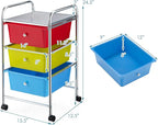 Giantex Rolling Cart with Drawers, Craft Organizer with Wheels, 3 Drawer Storage Container Bins for Back to School Office Scrapbook Paper Tools Red, Green & Blue