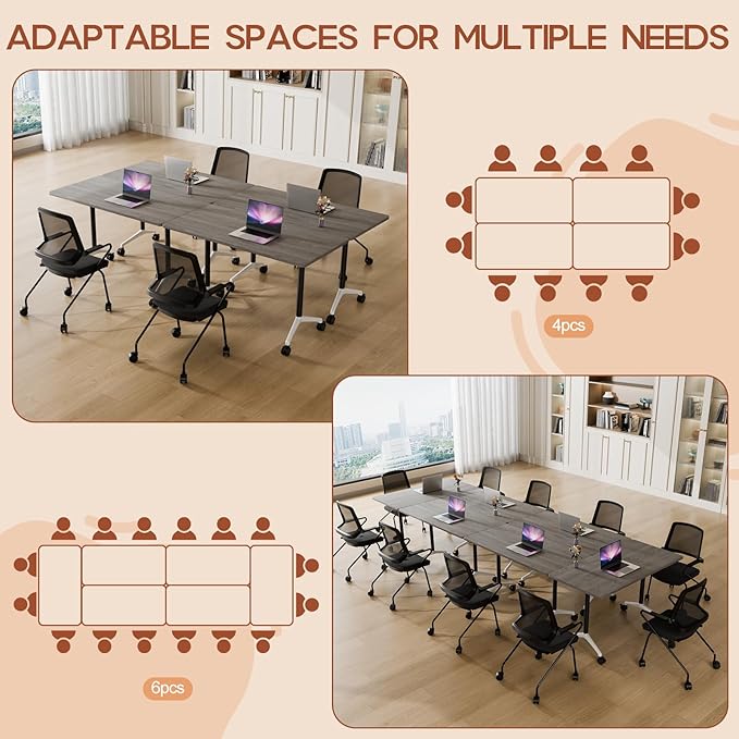 Folding Conference Table 4ft 5ft, Foldable Office Meeting Desk for 6 People, Multiple Sizes Colors Mobile Conference Room Table for Training Room School Business Furniture (6, Grey, 47in)