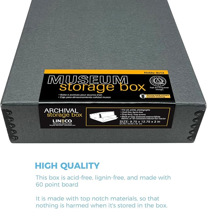 Lineco Museum Archival Storage Box, 9.75x12.75x3 in. Drop Front Design. Acid-Free with Metal Edge. Organize Photos, Pictures, Prints, Documents, Crafts, DIY. Gray, 2 Pack