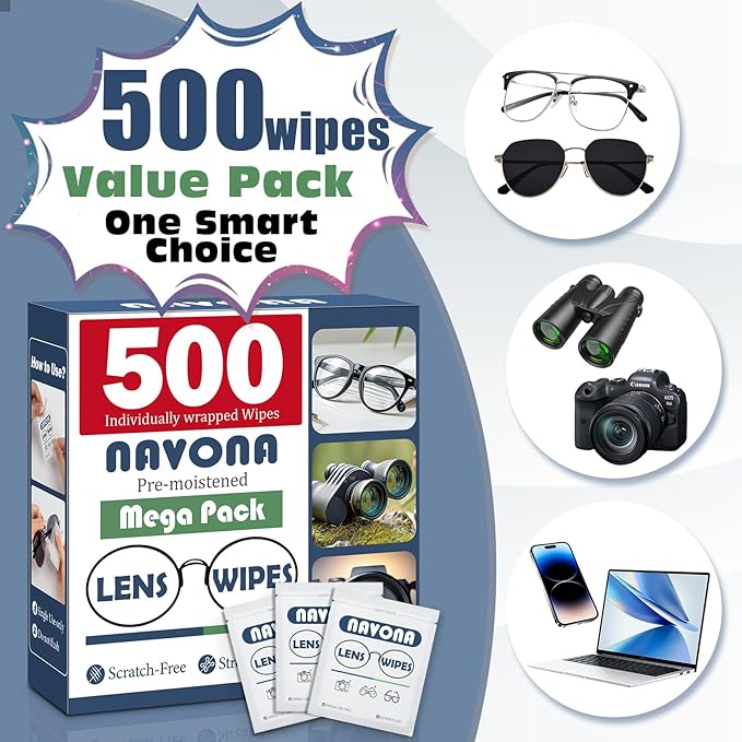 500 Count Lens Wipes for Eyeglasses – Pre-Moistened, Individually Wrapped Eyeglass Cleaning Wipes – Scratch-Free, Streak-Free Glasses Cleaner Wipes for Sunglasses & Camera Lens – Bulk Pack