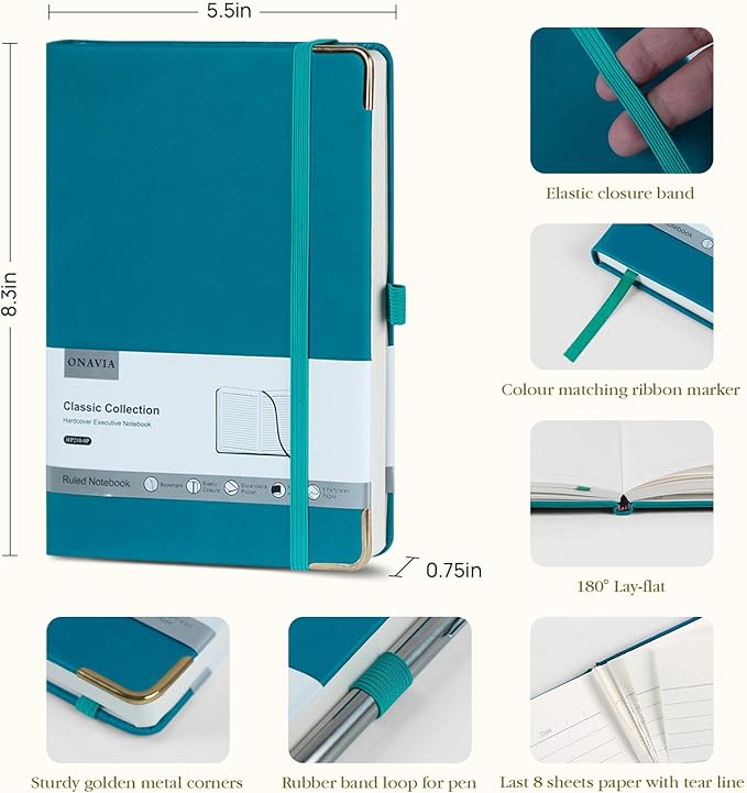 ONAVIA A5 Lined Journal Notebook - 100 GSM Thick Paper, Hardcover Journaling Notebook for Writing, Work, Travel, College Ruled Journal for Women Men, PU Leather Note Book, 5.5”x8.3”- Pacific Green