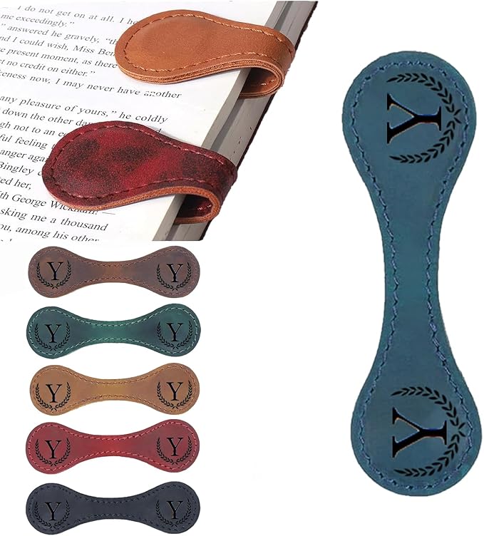 Personalized Magnetic Leather Bookmark, 26 Letters Custom Leather Bookmarks, Handmade, Leather Magnetic Bookmark for Book Lovers Readers Women Kid(Blue，Y）