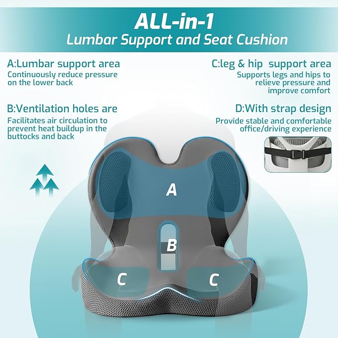 Memory Foam Seat Cushion,Office Chair Cushion with Lumbar Support,L-Shape Ergonomic Cushions with Strap,Non-Slip Sciatica,Hemorrhoids, Tailbone Pain Relief for Office Workers,Driver (Black+Ice Silk)
