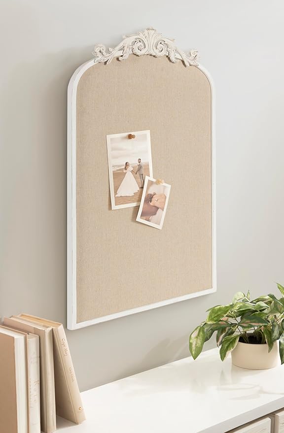 Kate and Laurel Arendahl Decorative Arch Pinboard; 19 x 31; White; Framed Arched Ornate Vintage Cork Board for Use as Motivational Vision Board or Wall Organizer