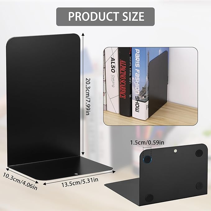 JIANTA Large Book Ends, Heavy Duty Metal Bookends, 2 Pairs/4 Pieces Book Stopper, Book Ends Support for Shelves, Black Non-Slip Bookshelf Holder Stand for Home Office Library School (8 x 5.3 x 4 in)