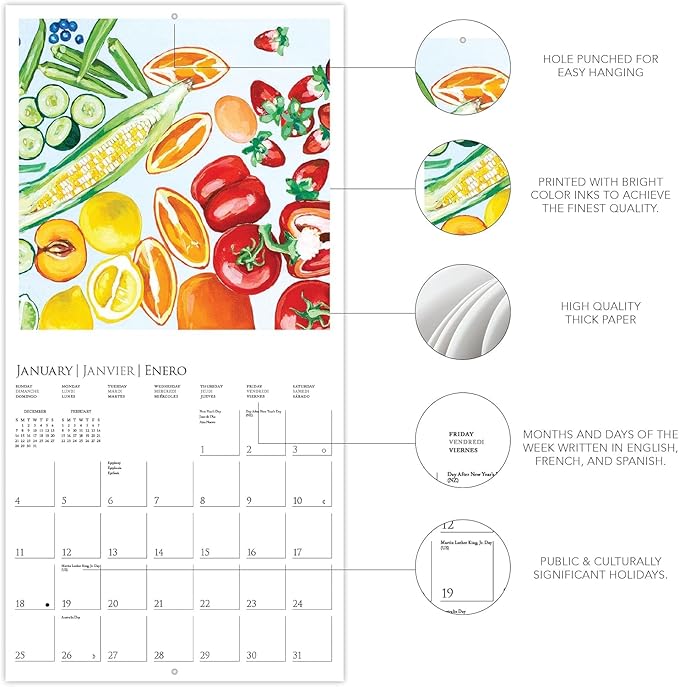 Graphique 2026 Fresh Picked Wall Calendar | 12” x 12” | Thick Paper | Home & Office Organizer | Large Monthly Grid | 3 Languages & Marked Holidays | 4 Month Preview Page for 2027