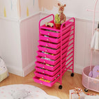 GLACER 10 Drawers Rolling Cart, Storage Cart with w/Removable Drawers & Steel Frame, Utility Mobile Trolley w/Universal Casters & 2 Brakes, Organizer Cart for Home, School, Office (Hot Pink)