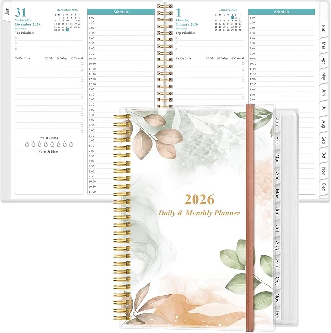 2026 Daily & Monthly Planner - One Page Per Day, Daily Planner from January 2026 - December 2026, Planner 2026 with 12 Monthly Tabs, 8.5" x 11", Rose Leaf