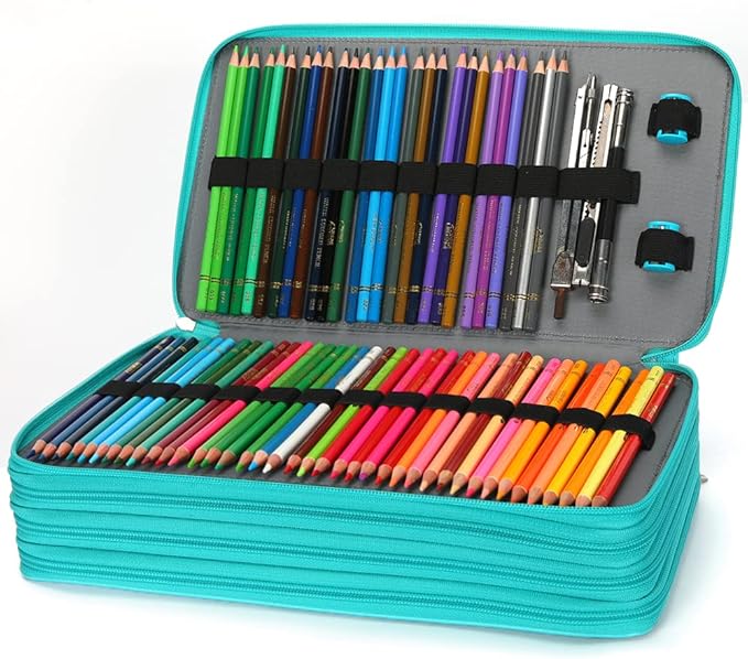 Vomgomfom Deluxe PU Leather Pencil Case - Large Capacity Holder with Zipper Closure for 300 Colored Pencils or 200 Gel Pens, Artist Organizer (Green)