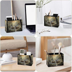 Famame Two Deer Autumn River Pencil Holder for Desk, Leather Desktop Container Pen Cup Storage Study Table Pen Organizer Makeup Brush Holder for Classroom Office Home