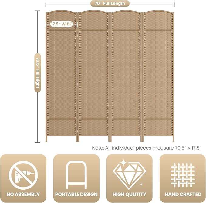 Cocosica 6 ft. Tall Room Divider and Folding Privacy Screen, Weave Fiber Foldable Panel Wall Divider with Diamond Pattern Weaved & 4 Panel Room Screen Divider Separator, Freestanding Room Divider
