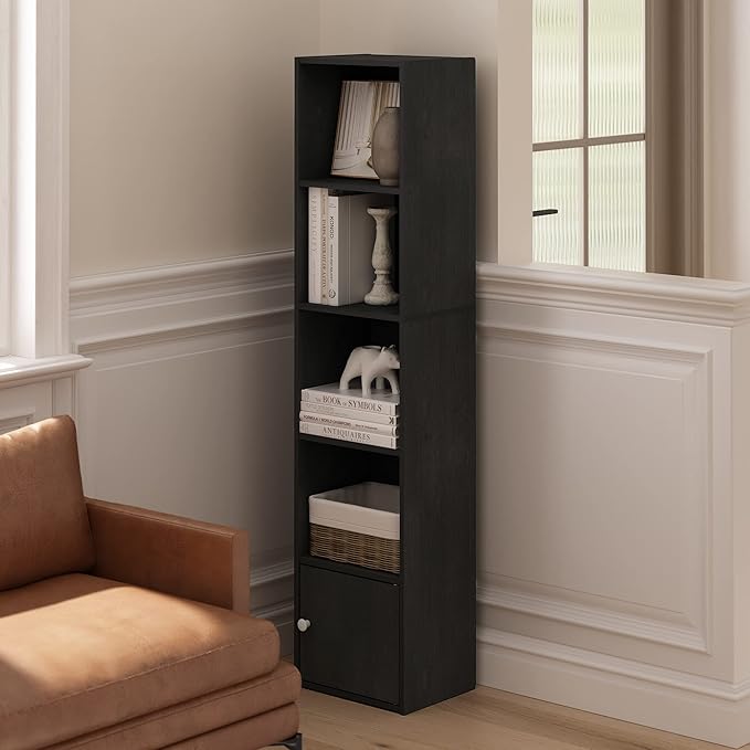 Furinno LUDER Book Shelf, 5-Tier Modern Bookshelf, Bookcase with 1 Door Storage Cabinet, 9.3 x 12 x 52, for Living Room, Bedroom, Home Office, Blackwood