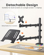 RGB Monitor and Laptop Mount Stand with 3 USB Ports, Charging and USB Data Transfer, Adjustable laptop stand for 13" to 32" Screen and 11"-17” Laptop, Holds 18lbs/Arm, 75x75/100x100 VESA, C-Clamp