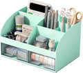 COMFYROOM Desk Organizer with 6 Compartments and 2 Drawers, Plastic Makeup Organizer, Pen Holder for Desktop Storage, Desk Organization for School, Home, Office Supplies (Mint Green)