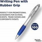 DISCOUNT PROMOS Personalized Ballpoint Pens With Rubber Grip, 100 pack Customizable Ergonomic Click-to-Write Custom Writing Pens for School with Black Ink, Blue