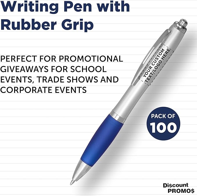 DISCOUNT PROMOS Personalized Ballpoint Pens With Rubber Grip, 100 pack Customizable Ergonomic Click-to-Write Custom Writing Pens for School with Black Ink, Blue
