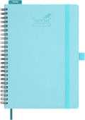 BEZEND 2026 Planner Weekly and Monthly (6" x 8.5" Spiral) Daily Calendar with Hourly Timeslots & Tabs (Jan-Dec) Note & Expenses, Pen Holder, Inner Pocket, Vegan Leather Softcover - Sky Blue