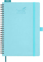 BEZEND 2026 Planner Weekly and Monthly (6" x 8.5" Spiral) Daily Calendar with Hourly Timeslots & Tabs (Jan-Dec) Note & Expenses, Pen Holder, Inner Pocket, Vegan Leather Softcover - Sky Blue