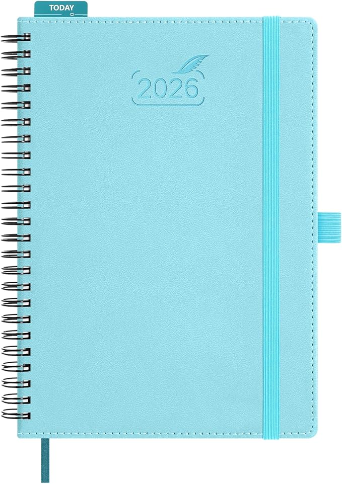 BEZEND 2026 Planner Weekly and Monthly (6" x 8.5" Spiral) Daily Calendar with Hourly Timeslots & Tabs (Jan-Dec) Note & Expenses, Pen Holder, Inner Pocket, Vegan Leather Softcover - Sky Blue
