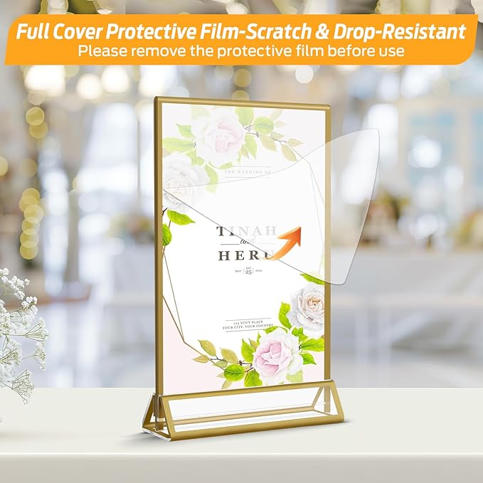 Smarpau 16 Pack 4x6 Acrylic Sign Holder with Gold Frame Table Number Holders Clear Picture Frames Flyer Stands Tables Menu Holder for Restaurant