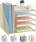 LEKETREE Desk Organizers and Accessories, 5-Tier Paper Letter Tray Organizer with File Holder, Desktop Organizer for Office Supplies (Gold)