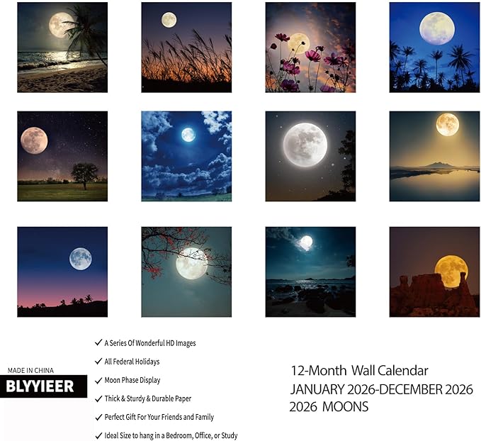 2026 Wall Calendar, MOONS Wall Calendars,2026 Monthly Calendars, Beautiful luna Picture, Thick Glossy Paper, Organizing & Planning