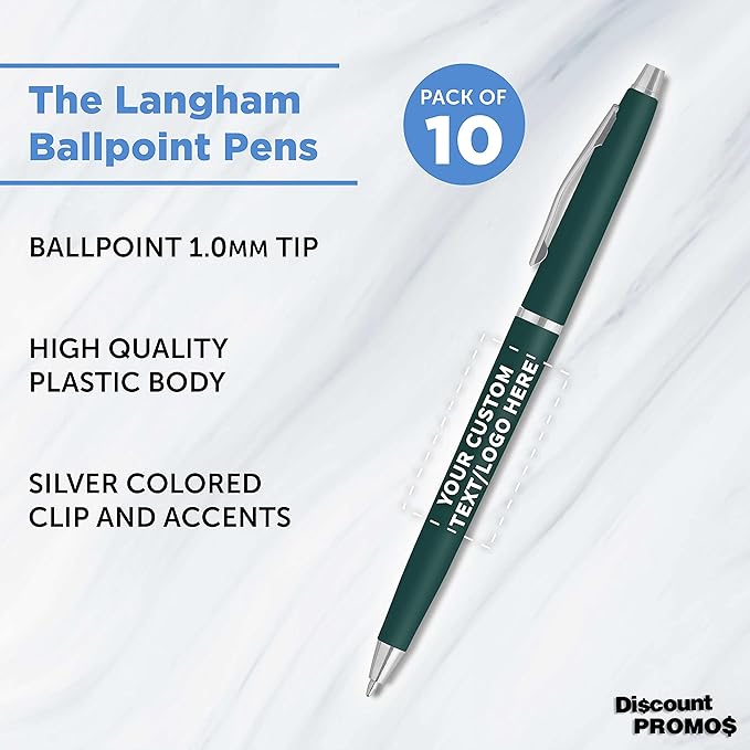 DISCOUNT PROMOS Custom Langham Ballpoint Pens Set of 10, Personalized Bulk Pack - Black Ink, Great for Office, School, Business, Tradeshows - Hunter Green