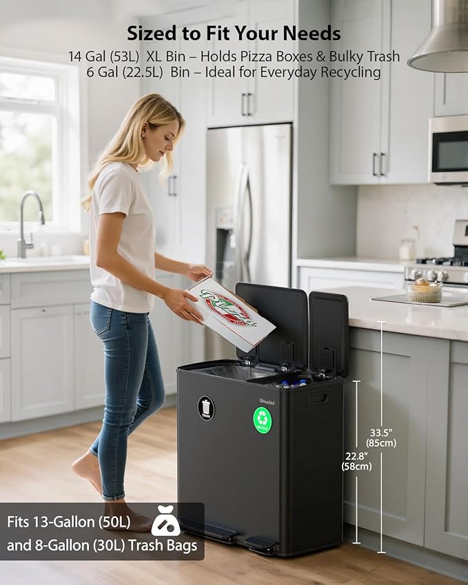 Lovewind Dual Trash Can, 14 + 6 Gallon Garbage Can for Kitchen Dual Compartment Recycling Kitchen Step Trash Bin, Stainless Steel Trash and Recycle Bin Combo with Soft-Close Lid, Black