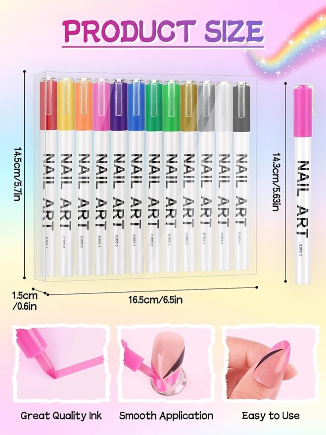EBANKU 12 Colors Nail Art Pens Set, 3D Nail Polish Pens Acrylic Paint Pens Nail Markers for Nail Art Drawing Painting Manicure Tools Nail Design Kit Home Nail Salon DIY, 0.7MM