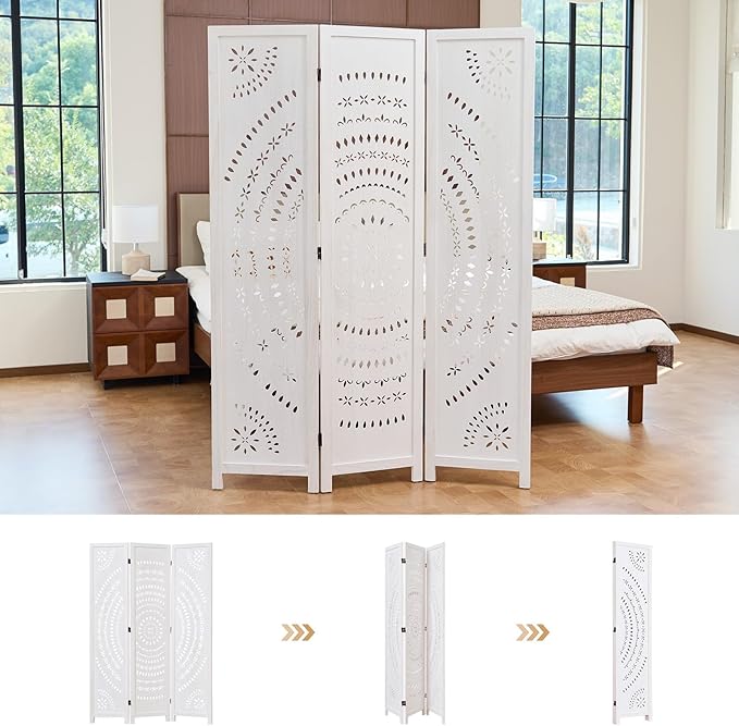 66.9Inch Folding Room Divider, 3 Panels Wood Carved Privacy Screens, Free Assembled Freestanding Partition for Home Office Restaurant Bedroom (White-Washed)