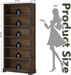 TVU 6-Tier Wooden Book Shelf, Floor-Standing Display Bookcase, 77.2" H x 31.5" W x 11" D Bookshelf, Farmhouse Style Book Case with Arched Base, Suitable for Living Room, Study, Office, Rustic Brown