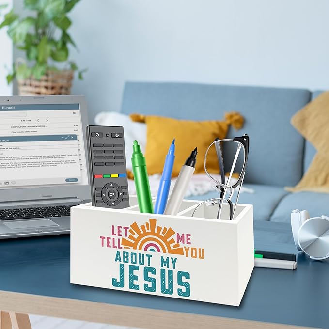 QZQE Boho Jesus Christian Pen Pencil Holder Organizer for Desk, Let Me Tell You about My Jesus Bible Verse Wooden Box Signs Decorations for Home Office Desk Tabletop