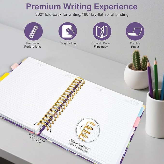 Spiral Journal Notebooks for Work, 300 Pages 5 Subject Notebook College Ruled with Dividers & Tabs, 8''x 10'' Large Notebook Journal for Women Students Note-Taking and Organizer (Purple Floral)