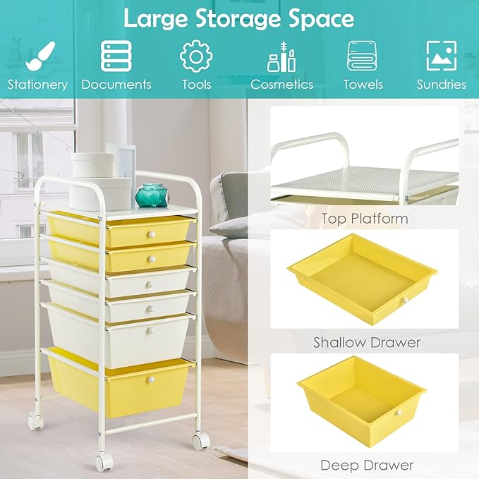 RELAX4LIFE 6-Drawer Rolling Storage Cart - Classroom Organization on Wheels w/Removable Plastic Drawers, Mobile Art Craft Cart for School Paper Home Office, Utility Cart with Drawers (Yellow)
