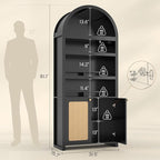 81" Tall Arched Cabinets,Bookcase with storage,Mid-Century Modern 6-Tier Bookshelf with Door,2 Book Risers and Adjustable Shelves offering more storage space for Living Room,Home Office,Black+Oak