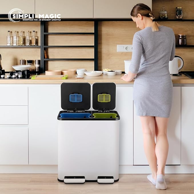 70 Liter / 18.5 Gallon Rectangular Hands-Free Dual Compartment Recycling Kitchen Step Trash Can with Soft-Close Single Lid, Stainless Steel (40L x 30L Capacity), White