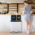 70 Liter / 18.5 Gallon Rectangular Hands-Free Dual Compartment Recycling Kitchen Step Trash Can with Soft-Close Single Lid, Stainless Steel (40L x 30L Capacity), White
